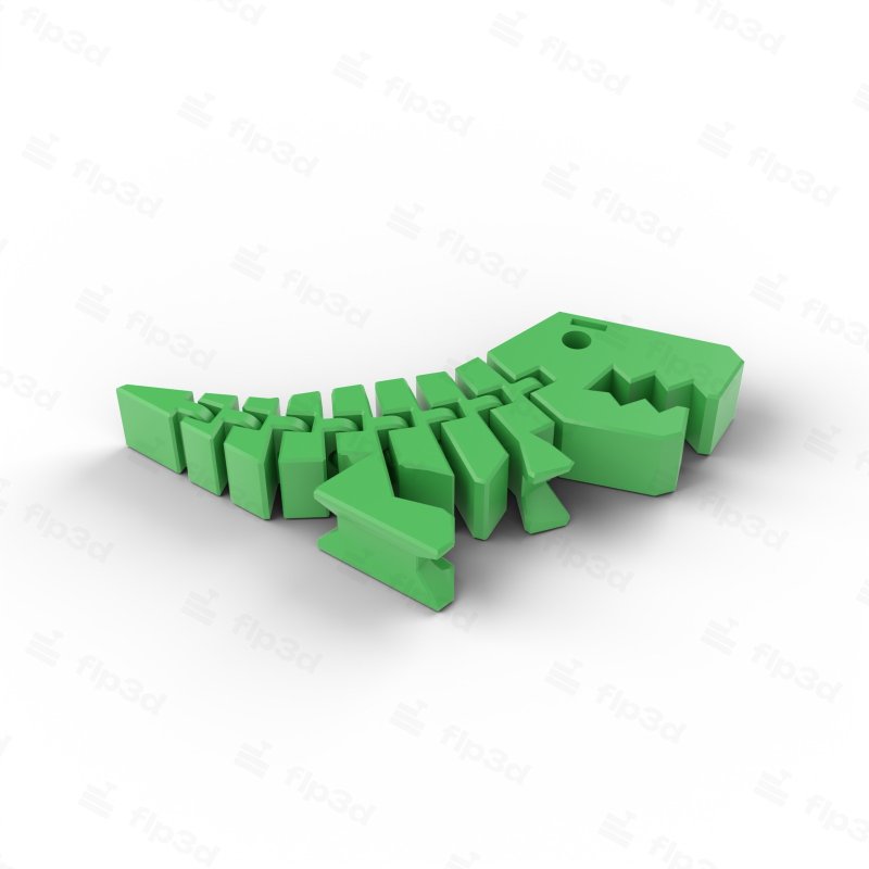 Green 3D printed articulated Flexi Rex dinosaur on a white background
