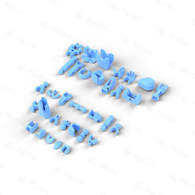 3D printed Dummy 13 action figure parts laid out on a white background
